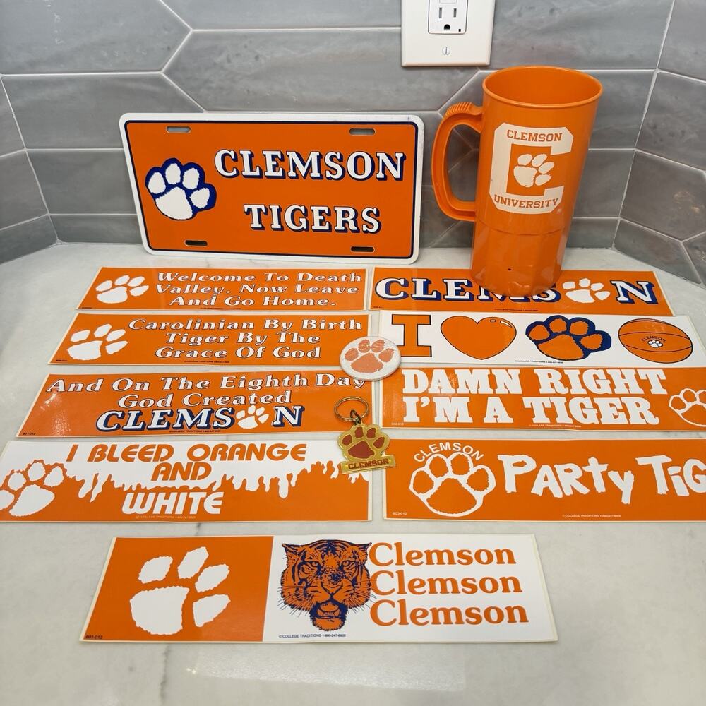 Vtg Clemson Tigers Fan Lot License Plate Mug Bumper Stickers Keychain Button Paw